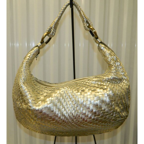 Cole Haan Genevieve Top Zip Hobo Metallic Gold Woven Leather Shoulder Bag - Picture 4 of 16
